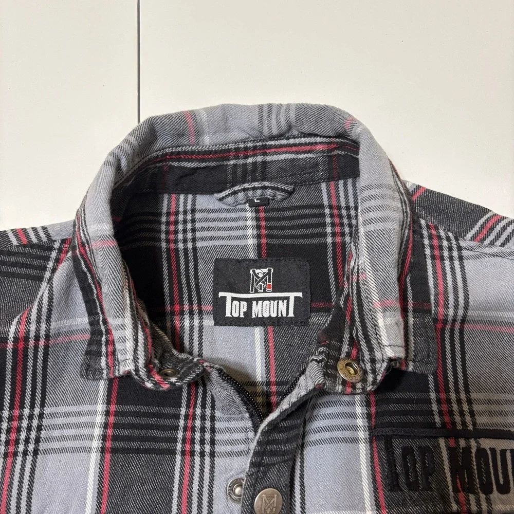 Top Mount Mens Full Zip Snap Grappler Flannel Shirt Size L Black Red Plaid Biker